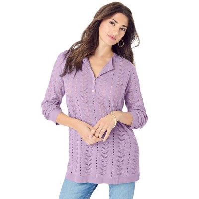 Roaman's Women's Plus Size Pointelle Henley Sweater