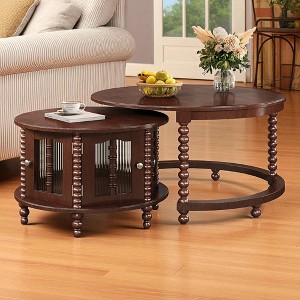 Mshliw Vintage Round Nesting Coffee Table Set with Bamboo Glass Doors, Retro Beaded Legs, Hidden Storage, Walnut Wood Finish for Living Room - 1 of 4