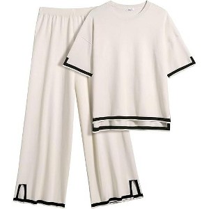 Ekouaer Lounge Set for Women Travel Outfits 2 Piece Sets Short Sleeve Sweater Top Wide Leg Long Pants Loungewear - 1 of 4