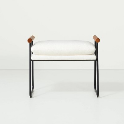 Cream and Black Cushioned Metal and Wood Ottoman