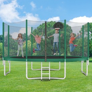 Okak 14FT Outdoor Trampolines with Basketball Hoop, Adults Rebounder with Enclosure Net and Ladder, Recreational Trampoline for Garden, Patio - 1 of 4
