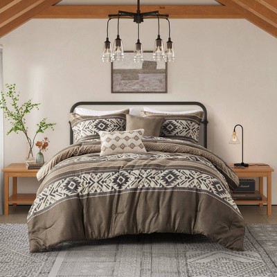 5Pcs Comforter Set Southwestern Lodge Bedding with Embroidered Pillows, All Season Herringbone Polyester