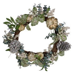 Northlight Neutral Colored Pumpkin and Pine Cones Fall Harvest Wreath - 18-Inch, Unlit - 1 of 3