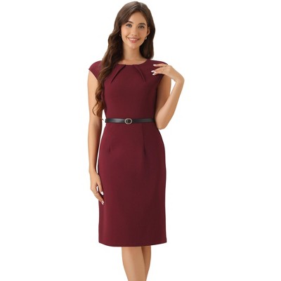 INSPIRE CHIC Women's Elegant Business Round Neck Belted Cap Sleeve Work Sheath Dresses
