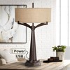 Franklin Iron Works Rustic Farmhouse Table Lamp 31 1/2" Tall with USB Power Outlets in Base Bronze Burlap Drum Shade for Bedroom Living Room Bedside - 2 of 4