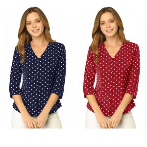INSPIRE CHIC Women's Polka Dots 3/4 Sleeve Casual Button Front Shirt 2 Pieces - 1 of 4
