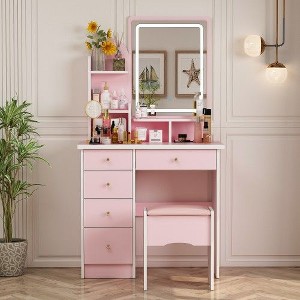 FUFU&GAGA Makeup Vanity Set with Mirror and Stool Drawer and Shelf - 1 of 4