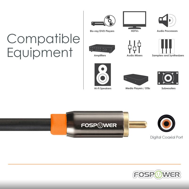 FosPower Premium Gold-Plated Dual Layer Braided RCA Male to Male Digital Audio Coaxial Cable - 10ft, 4 of 6