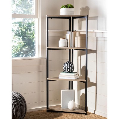 Logan Light Gray Oak and Black Iron 4-Tier Corner Bookshelf