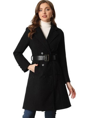 Allegra K Women's Lapel Collar Winter Belted Double Breasted Long Coat ...