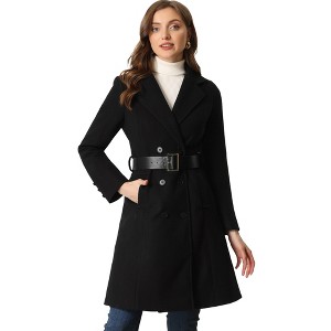 Allegra K Women's Lapel Collar Winter Belted Double Breasted Long Coat - 1 of 4