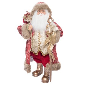 Season's Designs 24" Red and Gold Elegant Standing Santa Figurine with Ribbon Staff Christmas Decor for Indoor Use, Perfect for Mantel and Tabletop - 1 of 4