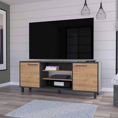 58.6 inch Wood 7 Cubby TV Stand with Reinforced Squared Metallic Legs, Multiple Shelves, and Supports TVs up to 65 inches for Living Room