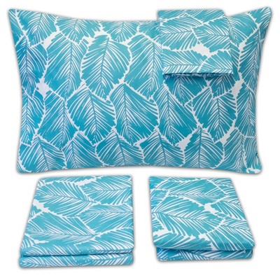California King Teal Tropical Leaf Microfiber Deep Pocket Sheet Set