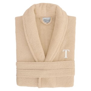 Linum Home Textiles 100% Turkish Cotton Unisex Personalized Terry Bathrobe Beige in White Bookman Font - 1 of 2