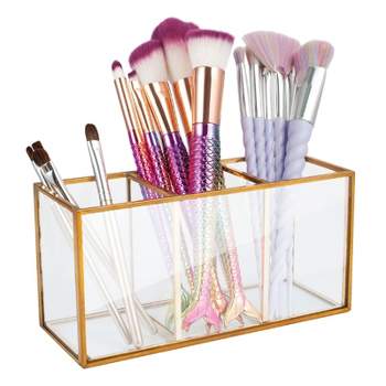 Gold Makeup Brush and Pencil Holder, Vintage Handmade Brass & Glass Cosmetic Pen Storage for Vanity, Countertop, Desk Organizer