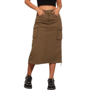 Allegra K Women's Midi Flap Pocket Back Slit Drawstring Cargo Skirt - 1 of 4