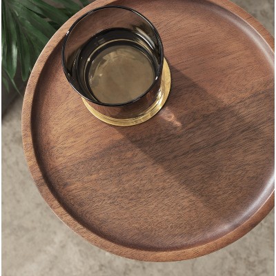 Walnut Brown and Antique Brass Round Wood and Metal Drink Table