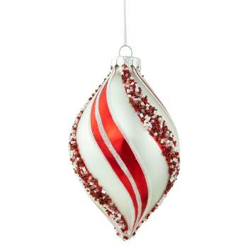 Northlight Set of 2 White and Red Glitter and Beads Striped Finial Glass Christmas Ornaments 5.5"