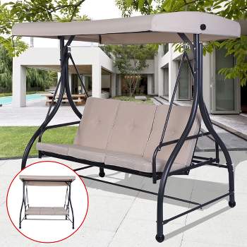 Costway Converting Outdoor Swing Canopy Hammock 3 Seats Patio Deck Furniture beige