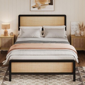 Coolmee Full/Queen Rattan Platform Bed, Bed Frame with Natural Rattan Headboard and Footboard, Metal Bed Frame with Under Bed Storage - 1 of 4