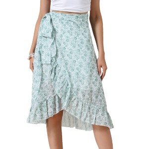INSPIRE CHIC Women's High Waist Floral Summer Casual Ruffle Hem Tie Knot Lined A-Line Midi Skirts - 1 of 4