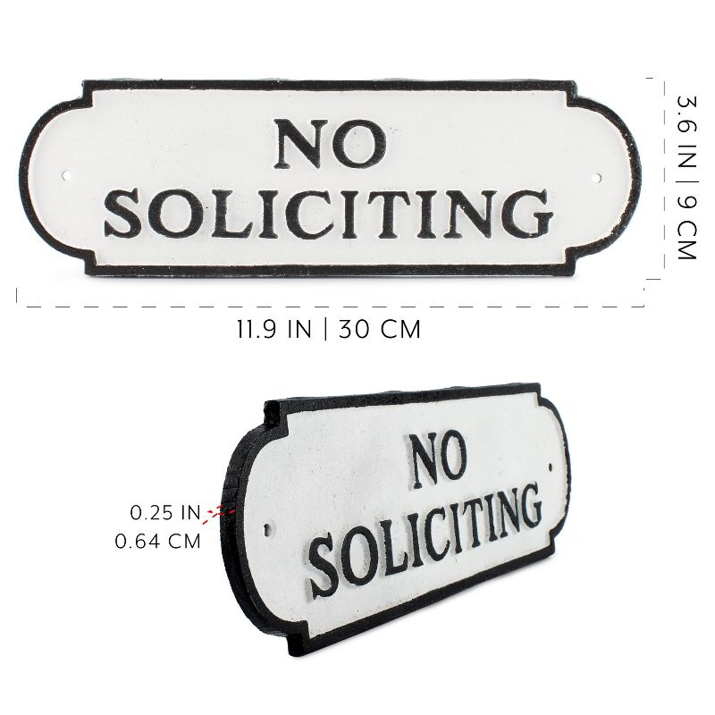 AuldHome Design Cast Iron Black and White No Soliciting Sign; Rustic Farmhouse Metal Plaque w/ Hardware, 3 of 9