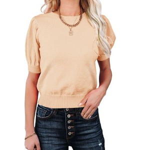 Coolmee Women's Puff Sleeve Sweater Tops Crewneck Basic Knit Pullover Casual Sweaters Blouse - 1 of 4