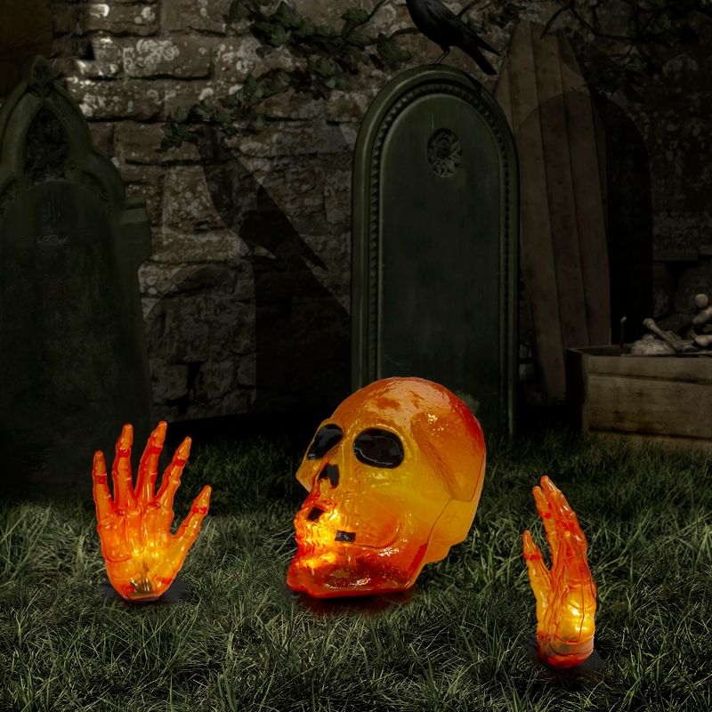 Northlight 8.5" Lighted Orange Skull and Hands Outdoor Halloween Decoration - 4ft Black Wire, 2 of 5