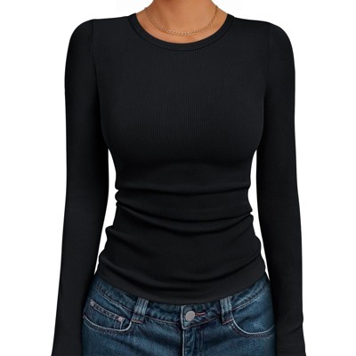 Women's Long Sleeve Knit Shirts Tops Soft Crewneck Blouse Stretch Fitted Fall Business Casual Y2K Outfits