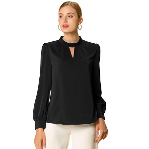 INSPIRE CHIC Women's Office Keyhole Elegant Stand Collar Long Sleeve Back Neck Button Blouse - 1 of 4