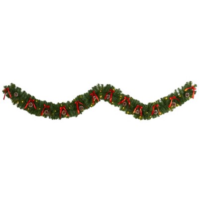 Nearly Natural 9-ft Bow and Pinecone Artificial Christmas Garland with 35 Clear LED Lights