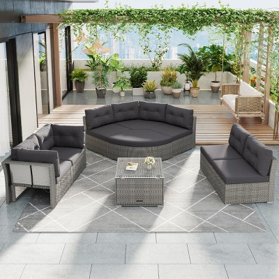 9-Piece Outdoor Patio Furniture Set, Conversation Set with Storage Glass Top Table, PE Rattan Sofa with Iron Frame and Foam Cushions-Coolbibila