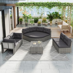 9-Piece Outdoor Patio Furniture Set, Conversation Set with Storage Glass Top Table, PE Rattan Sofa with Iron Frame and Foam Cushions-Coolbibila - 1 of 4