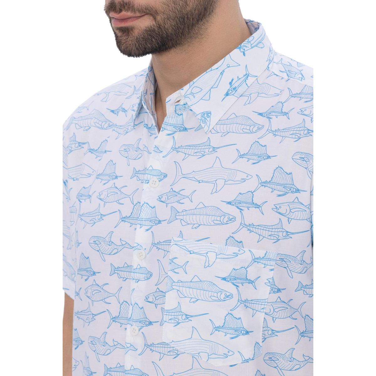 HAPPY BAY Mens Short Sleeve Button Down Casual Beach Shirt XXL Saltwater Fish Blue White - thumbnail 3