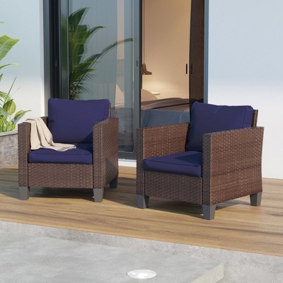 Sonkuki Outdoor 2 PCS Patio Rattan Furniture Set 2 Rattan Chair W/Soft Cushions