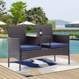Isabel All Weather PE Rattan Patio Loveseat Set, Conversation Armchair Set with Built-in Coffee Table, Outdoor Furniture - The Pop Home - 1 of 4
