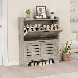 CuisinSmart Shoe Storage Cabinet with 2 Flip Drawers, Freestanding Hidden Slim Shoe Organizer Cabinet with Hooks for Foyer, Hallway, Garage - 1 of 4