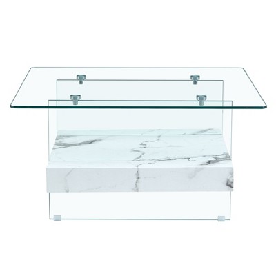 Vynxaria 31.4" Modern Two-Tier Square Coffee Table - Elegant Glass & Marble Design
