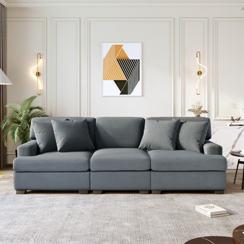 3 Seat Streamlined Upholstered Sofa Couch with Removable Back and Seat  Cushions and 2 pillows, Gray-ModernLuxe