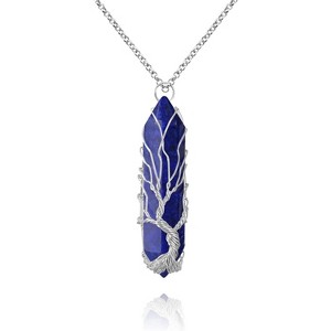 Tree of Life Crystal Necklace, Wire Wrapped Natural Stone Reiki Healing Jewelry Lapis Lazuli-Silver - 1 of 4