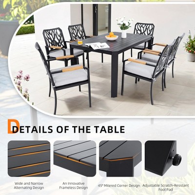 UNISOAR Modern Outdoor Aluminum Table with Alternating Wide and Narrow Slats, Angled Corners, 2" Big Umbrella Hole
