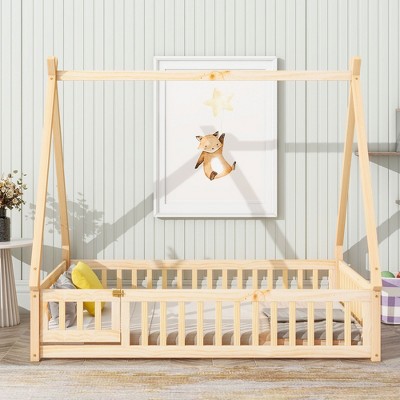 CAVINAS Twin Size Floor Bed Tent-Shaped Sleek Pine Bed Frame with Guardrail and Door for Bedroom
