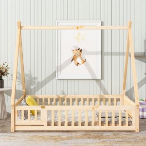 CAVINAS Twin/Full Size Kids Montessori Bed with Guardrails,Floor Bed with Tent-shaped Design for Bedroom,White/Brown/Gray/Off-White - 1 of 4