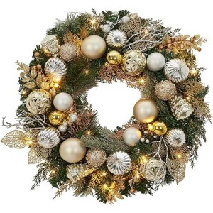 Coucheta 24 Inch Christmas Wreath with Lights - Pre-Lit Battery Operated, Lighted Xmas Door Wreath with Ball Ornaments, Gold & Silver - 1 of 4