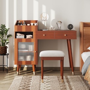 Modern Makeup Vanity Desk Vanity Table Dressing Table with Stool, Drawers, Cabinet & Charging Ports, Black/Walnut-ModernLuxe - 1 of 4