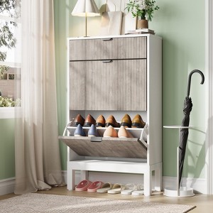 Fluted Shoe Cabinet with 2 Flip Doors & 1 Drawer, Slim Freestanding Organizer with Iron Legs, Hidden Shoe Storage for Hallway - 1 of 4