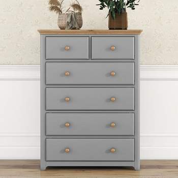 Wooden Chest with 6 Drawers Wood Rustic Tall Chset Storage Cabinet Dressers Organizer for Bedroom Hallway Living Room Gray+Natrual