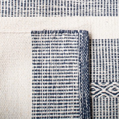 Ivory and Navy Striped Flat Woven Wool Cotton Area Rug