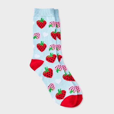 Women's Strawberry Love Valentine's Day Crew Socks - Blue/Red/Pink 4-10